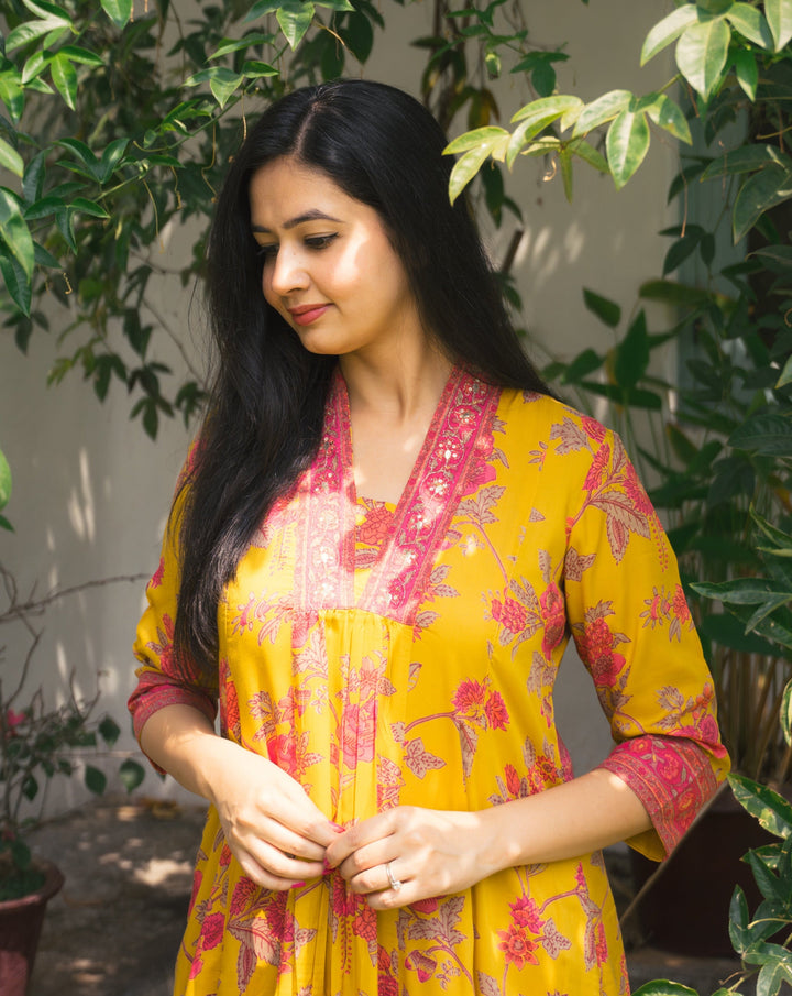 GULBAHAR Yellow Embroidered Viscose Kurta Set