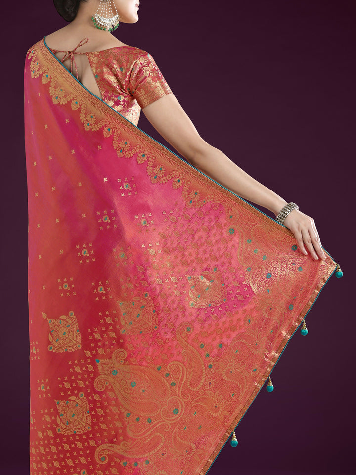 Red Color Paisley Zari Woven Semi Banarasi Tissue Silk Saree  | SHOBITAM