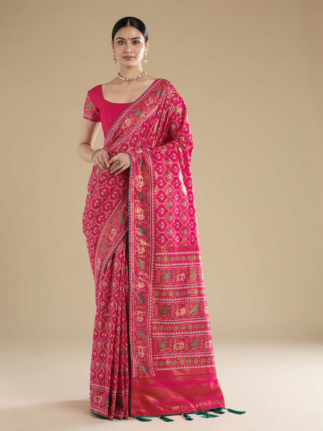 Rani Pink Semi Banarasi Satin Silk Saree With Patola Work | SHOBITAM