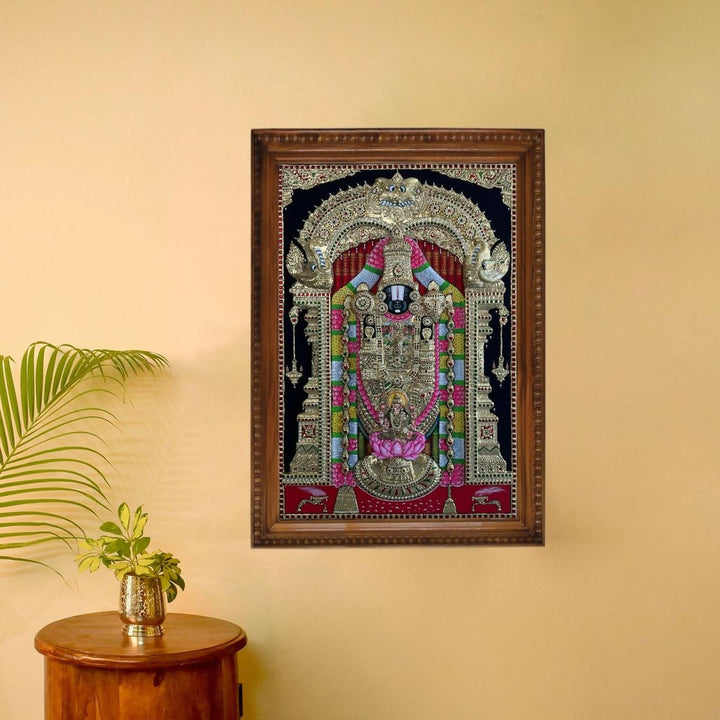 24*36 Authentic TANJORE PAINTING BALAJI WITH PATHA LAKSHMI SUPER EMBOSSE With 22 Ct gold Foil and Jaipur Gemstones,Unframed | SHOBITAM