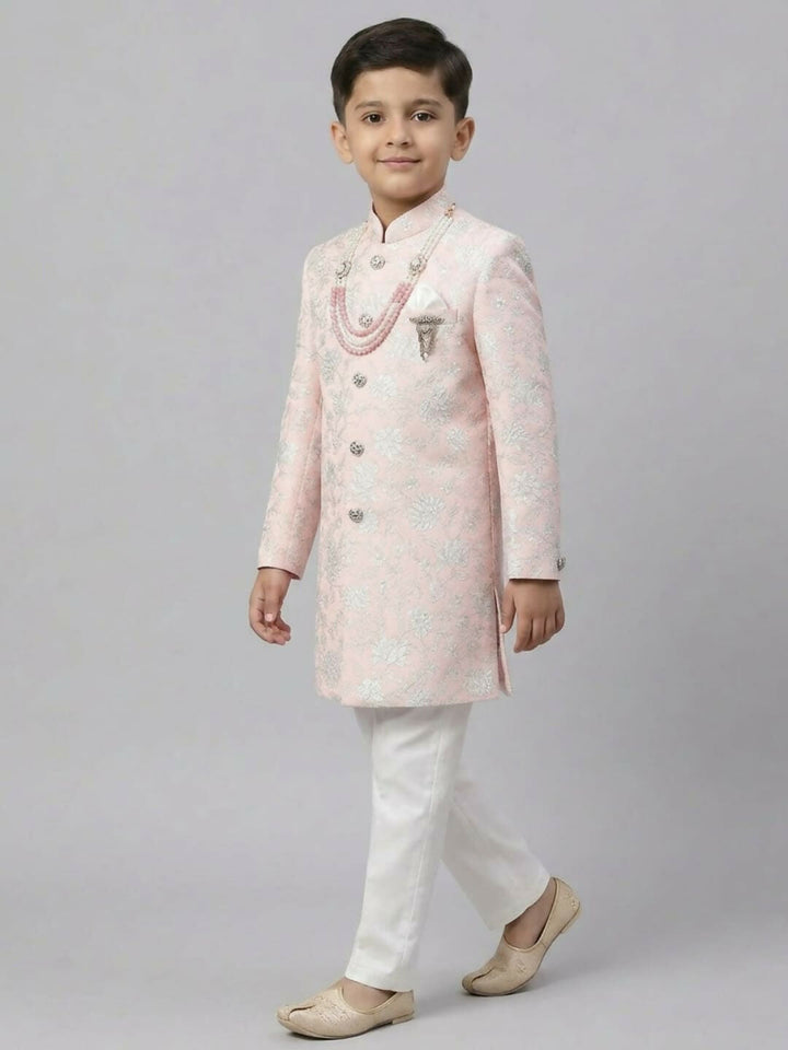 Boys Embroidered Light Pink Indo Western Sherwani Set and Trouser | SHOBITAM
