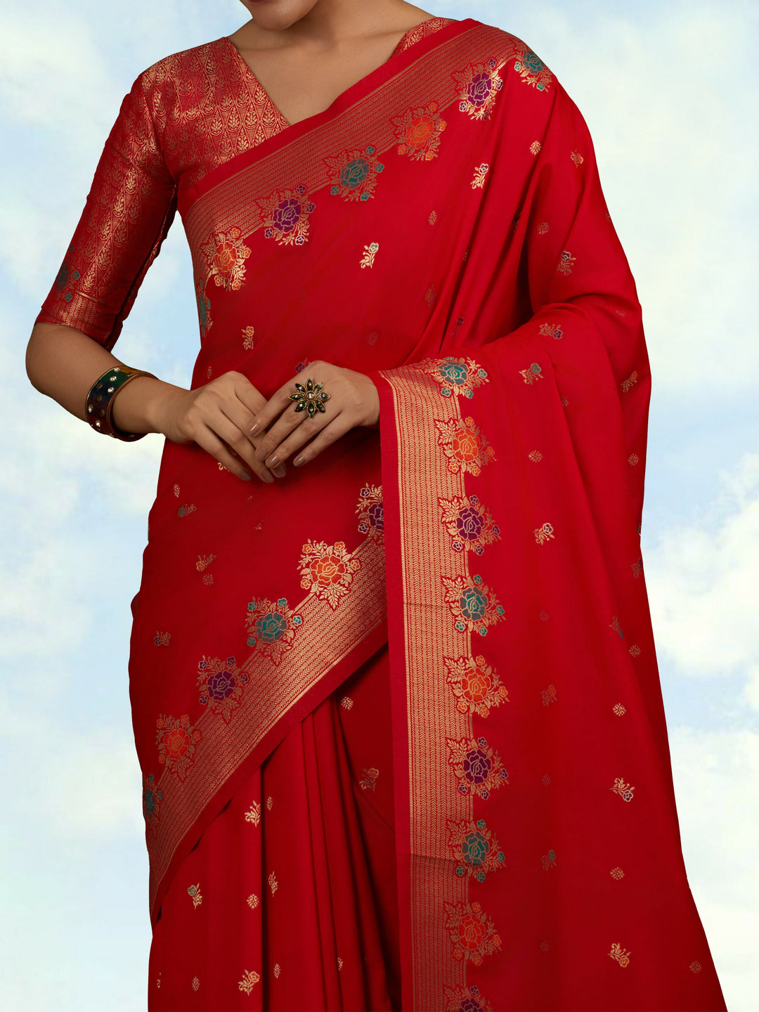 Red Semi Banarasi Silk Blend Saree With Zari Woven Work | SHOBITAM