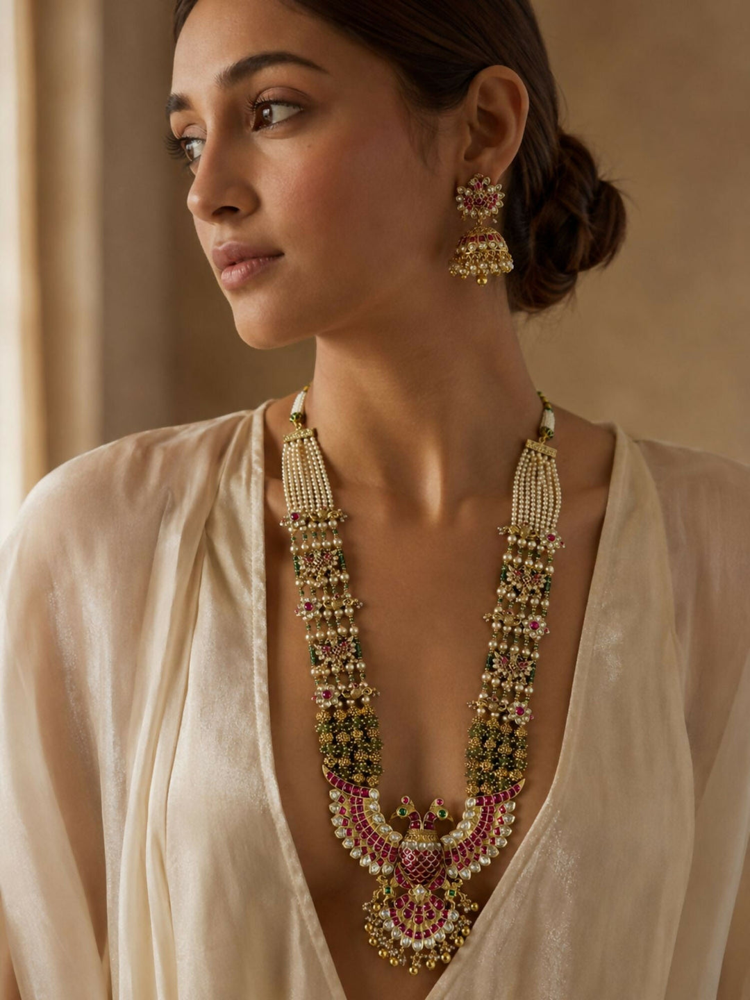 Royal Peacock Kundan Necklace Set with Pearl Layers & Emerald Accents | Shobitam