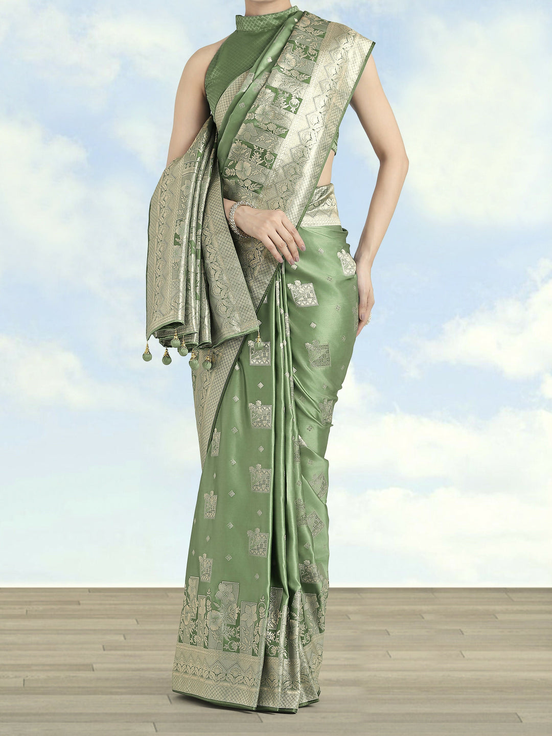 Green Color Banarasi Satin Silk Zari Weaving Saree |SHOBITAM