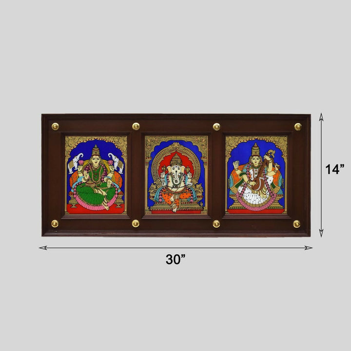 GLASS PAINTING LAKSHMI GANESHA SARASWATHI PANEL | SHOBITAM