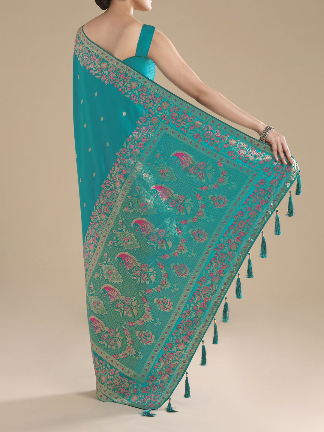 Turquoise Semi Banarasi Satin silk Saree With Zari Border And Butti Work | SHOBITAM