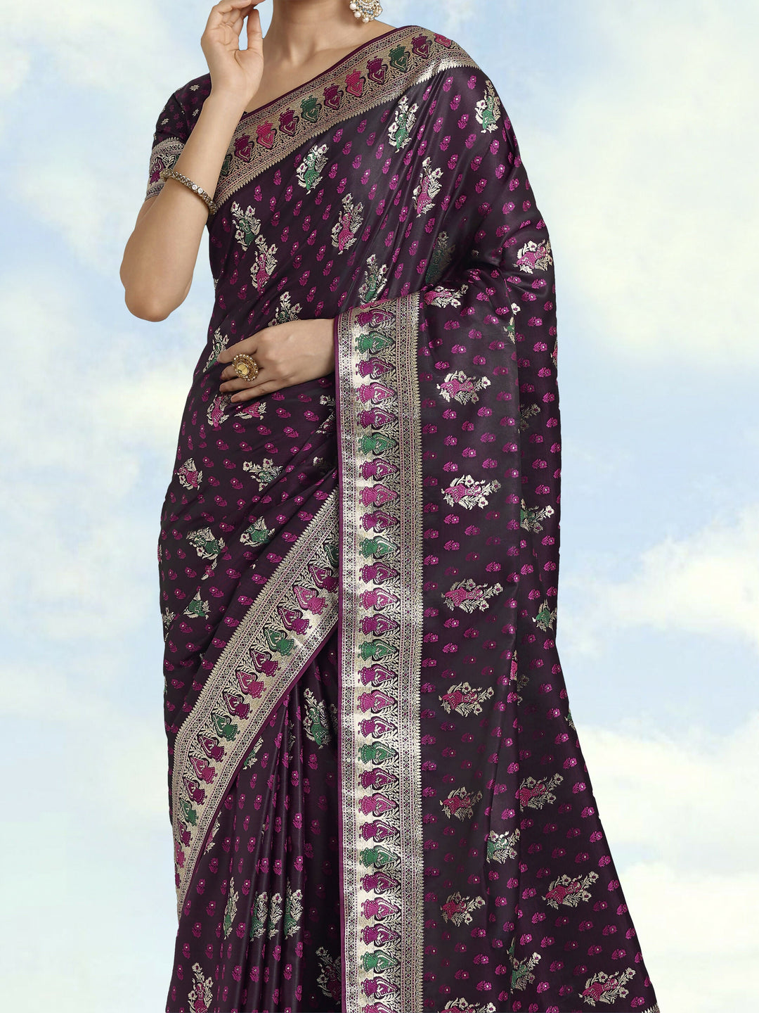 Wine With Gold Bordar Banarasi Satin Zari Woven Saree | SHOBITAM