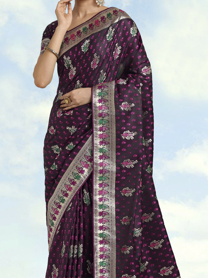 Wine With Gold Bordar Banarasi Satin Zari Woven Saree | SHOBITAM
