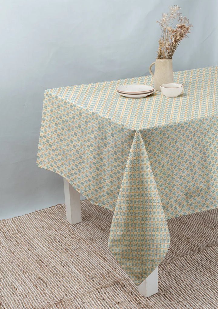 Yura 100% cotton geomtric table cloth for 4 seater or 6 seater dining - Aqua blue|SHOBITAM