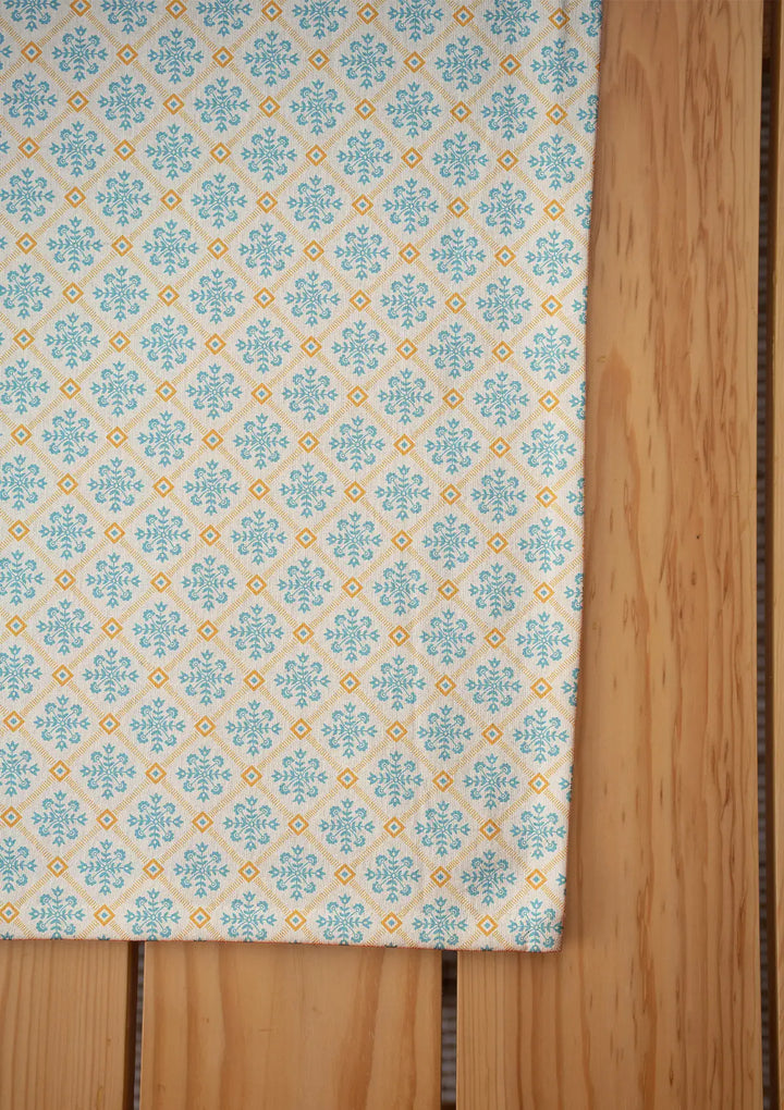 Yura 100% cotton geomtric table cloth for 4 seater or 6 seater dining - Aqua blue|SHOBITAM