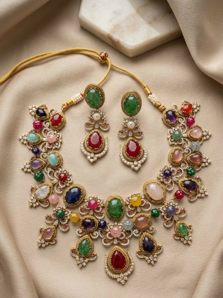 Multicolour Navratna Kundan Statement Necklace Set with Earrings | SHOBITAM