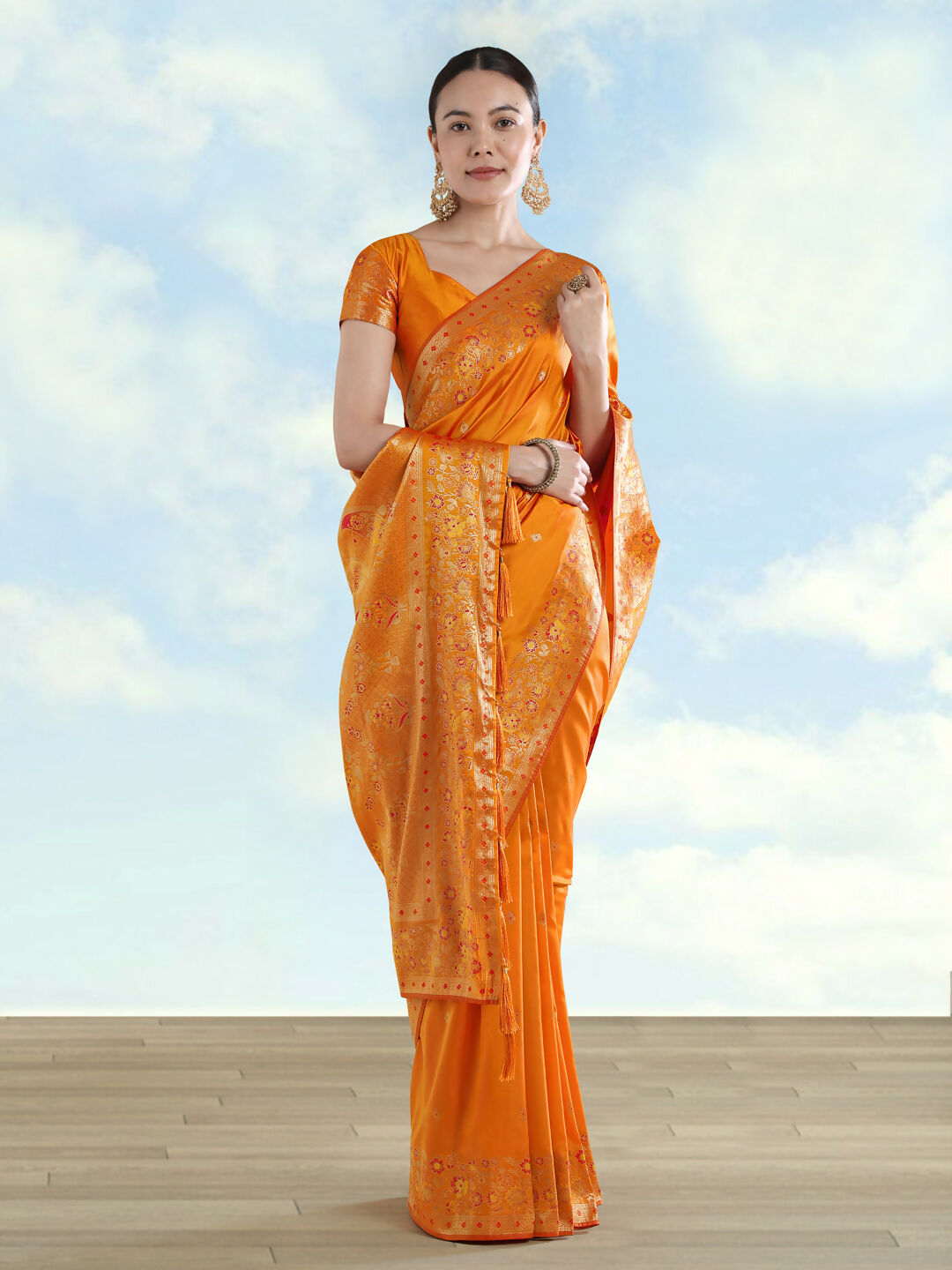 Orange Semi Banarasi Satin silk Saree With Zari Border And Butti Work  | SHOBITAM