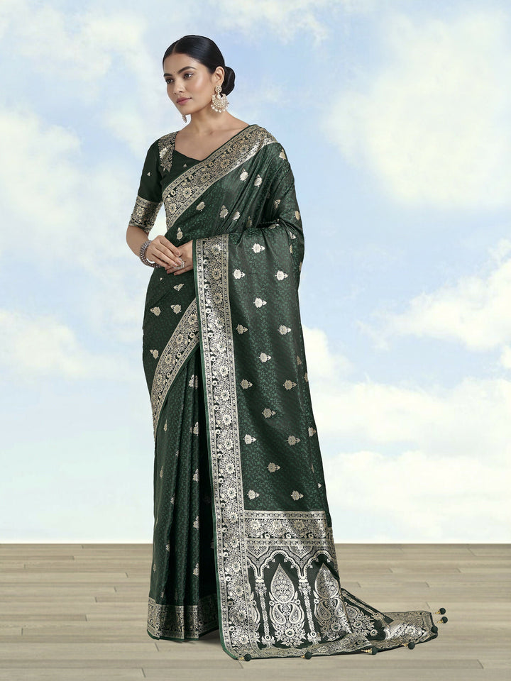 Dark Green Banarasi Satin Silk Saree | SHOBITAM