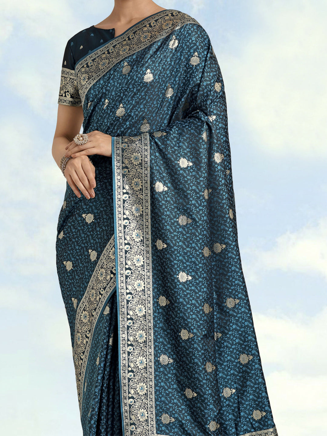 Dark Teal Banarasi Satin Silk Saree | SHOBITAM