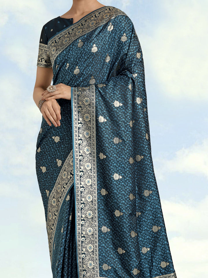 Dark Teal Banarasi Satin Silk Saree | SHOBITAM
