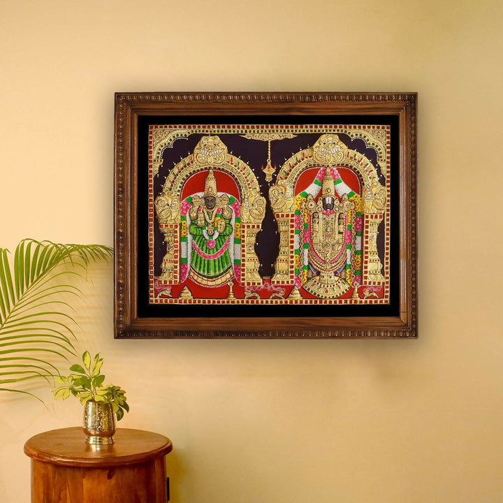 18 x 24" 3D Embossed Balaji Padmavati Authentic Tanjore Handpainting with Jaipur Gemstones | SHOBITAM