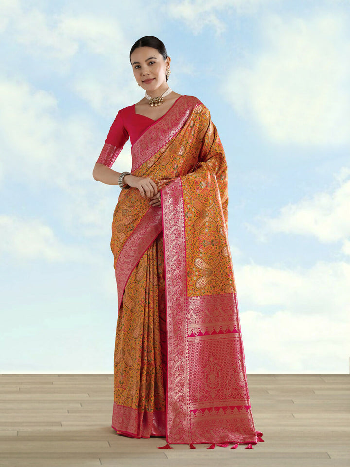 Mustard Banarasi Semi Silk Saree With Traditional Paisley Weaves | SHOBITAM