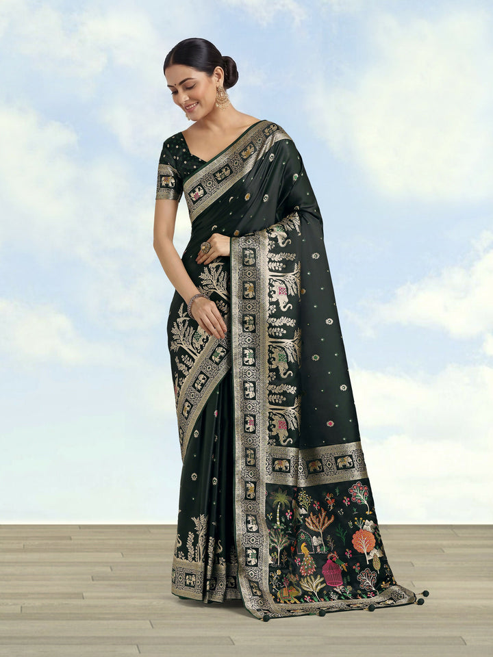 Dark Green Woven Banarasi Satin Silk Saree | SHOBITAM
