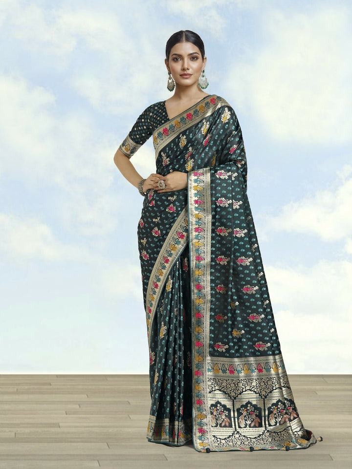 Teal With Gold Bordar Banarasi Satin Zari Woven Saree | SHOBITAM