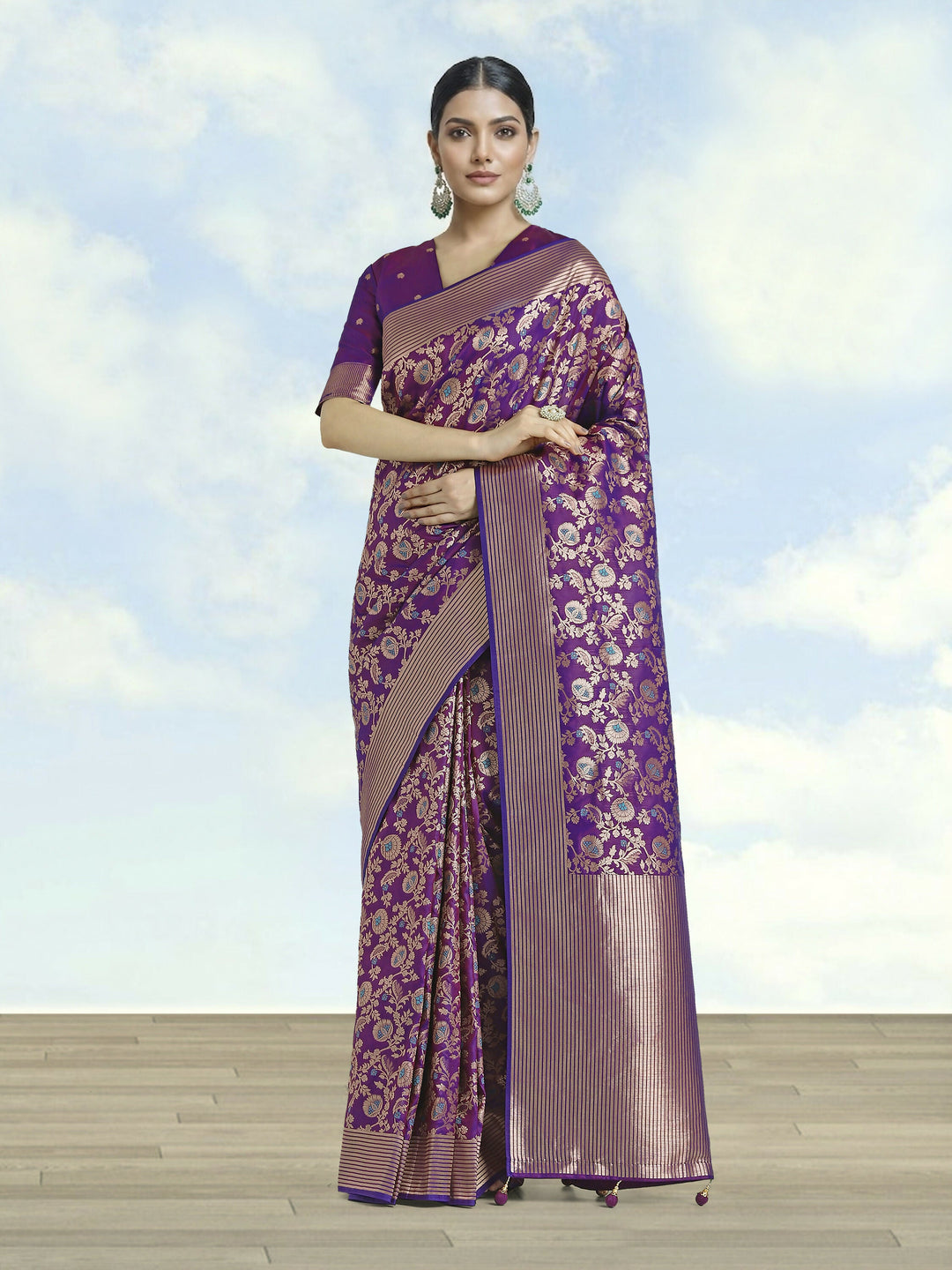 Banarasi Silk Purple Jaal Pattern Saree | SHOBITAM