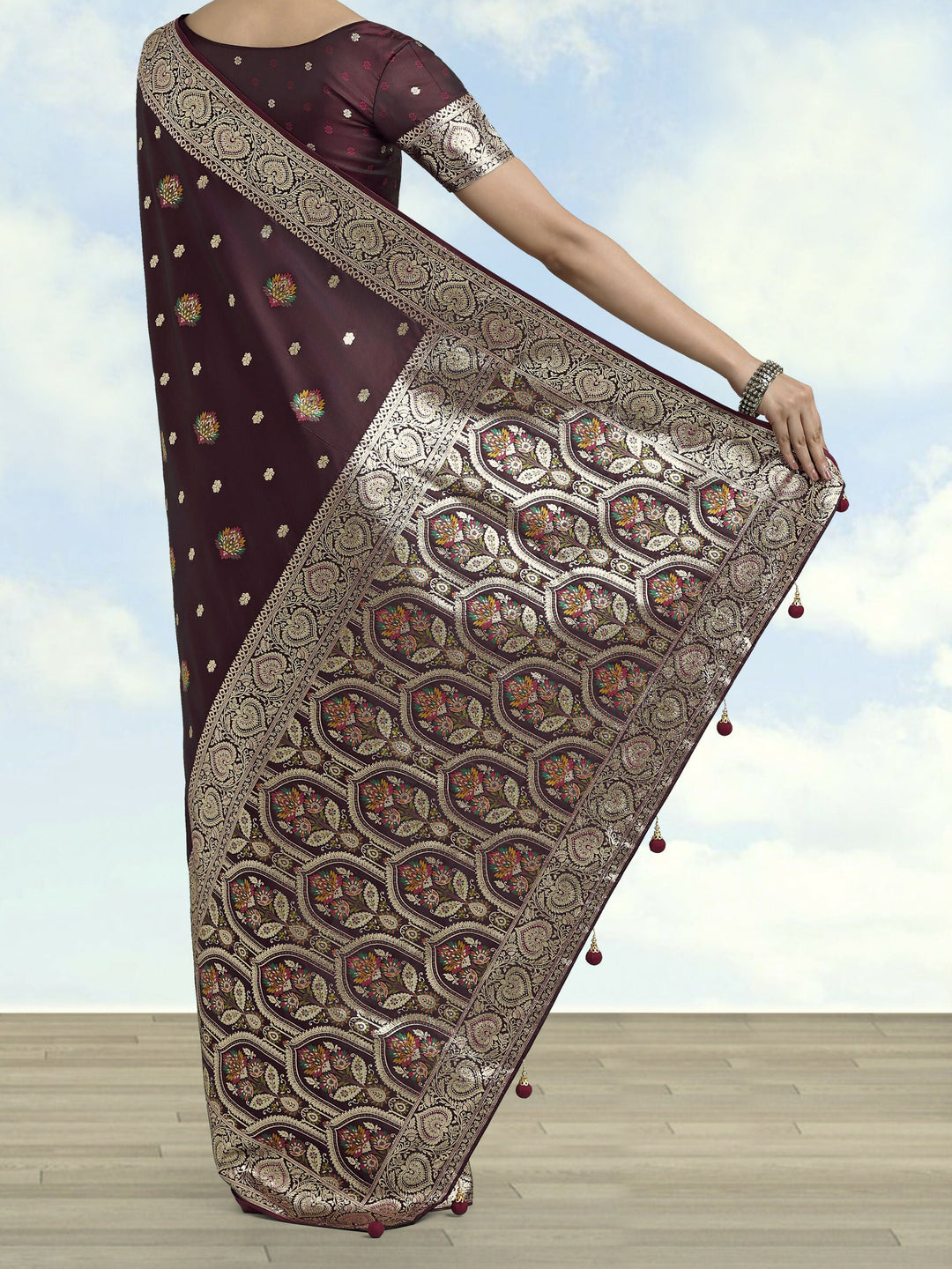 Maroon Banarasi Zari Woven Satin Silk Saree | SHOBITAM