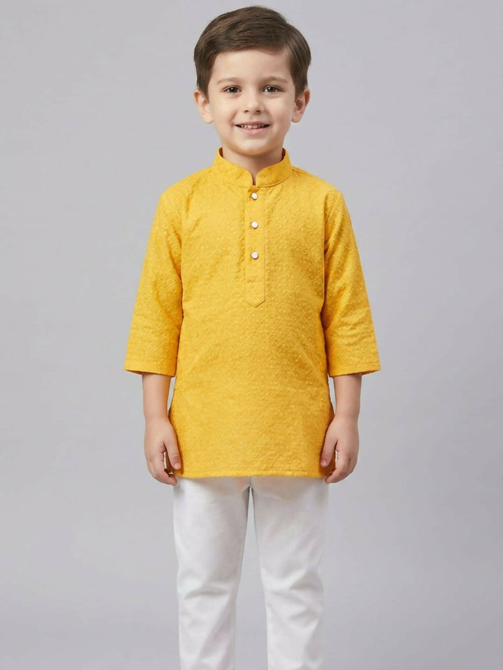 Boys Yellow Textured Kurta Pajama Set | Ethnic Wear for Kids | SHOBITAM