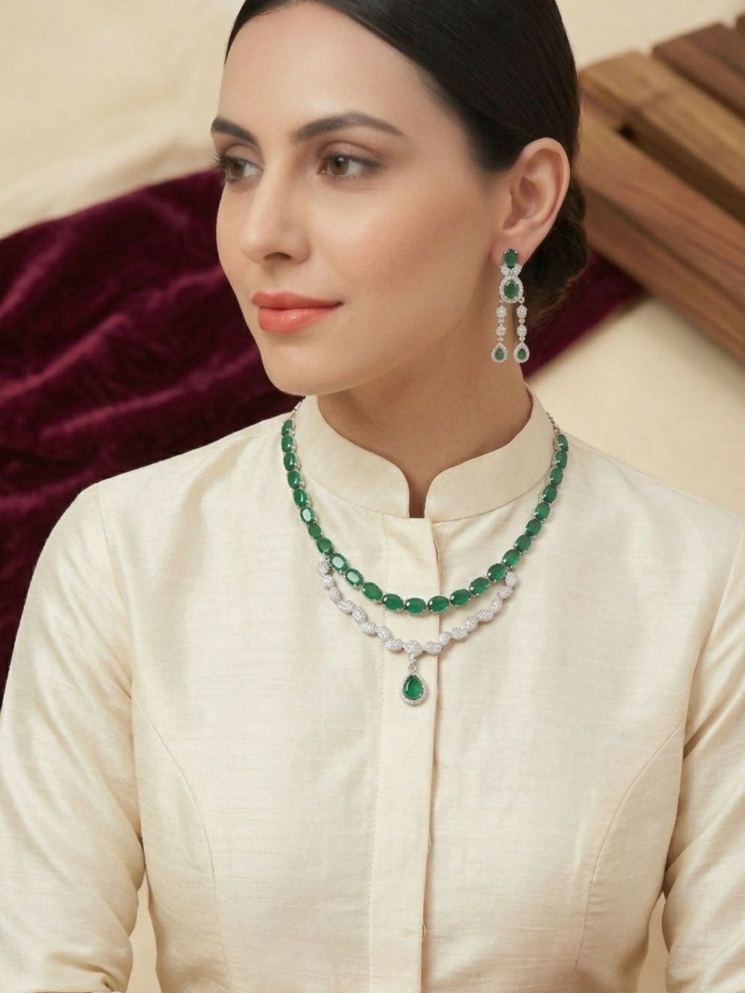 Silver Plated Green American Diamond Necklace Set | SHOBITAM