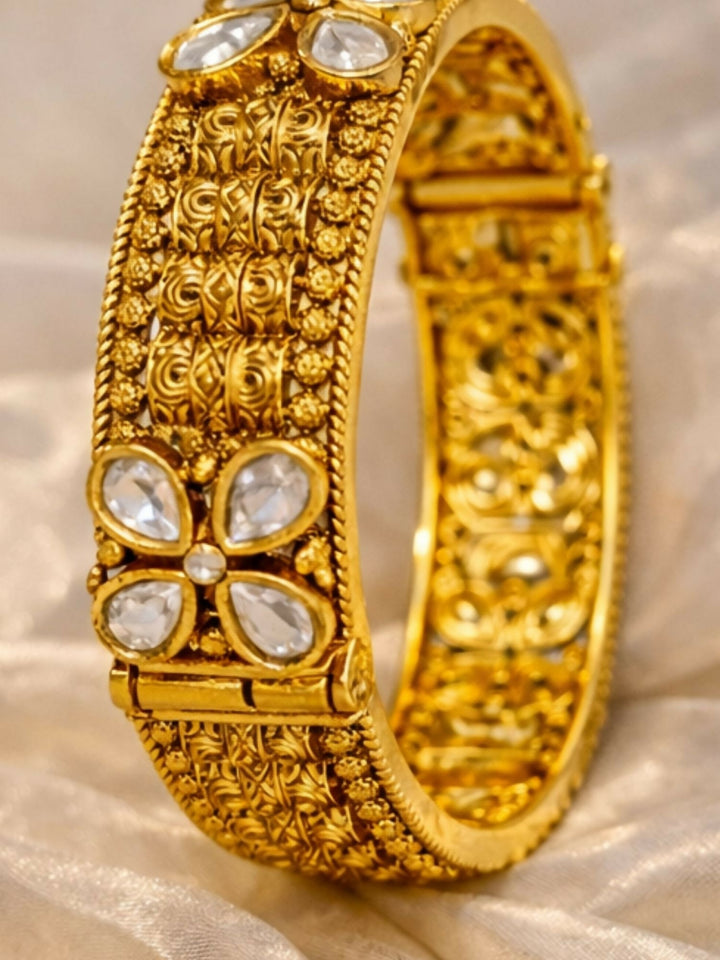 Gold Plated Antique Floral Moissanite Bangles | SHOBITAM