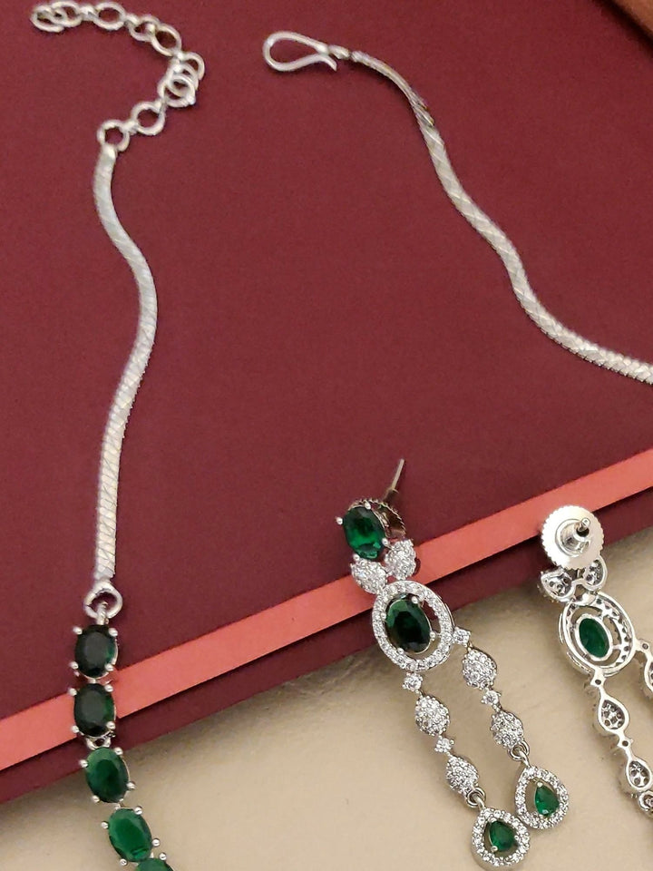 Silver Plated Green American Diamond Necklace Set | SHOBITAM
