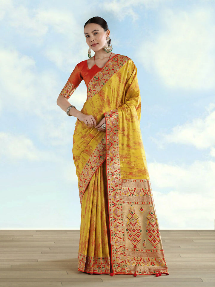 Mustard Yellow Color Semi Banarasi Tissue Silk Paithani Woven Saree | SHOBITAM