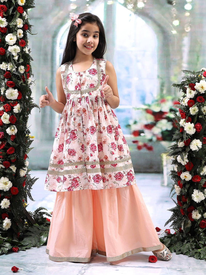 Peach Rose Muslin Kurta with Cotton Sharara | SHOBITAM