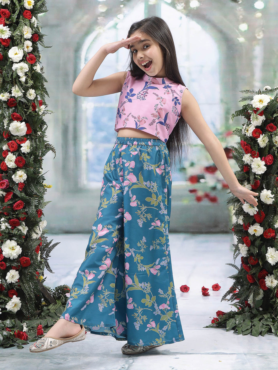 Pink Muslin Tulip Top with Turquoise Green Plazzo Co-Ord Set  | SHOBITAM