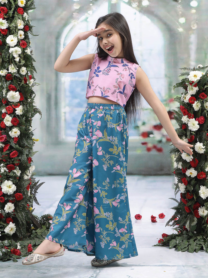 Pink Muslin Tulip Top with Turquoise Green Plazzo Co-Ord Set  | SHOBITAM