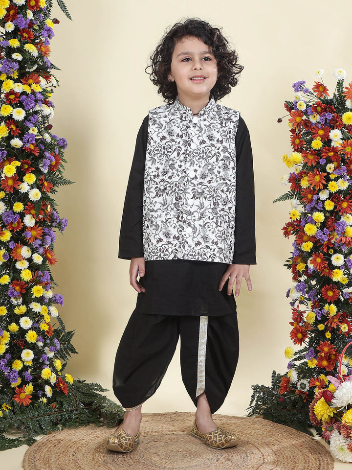 White Floral Nehru Jacket with Black Cotton Kurta Dhoti Set | SHOBITAM