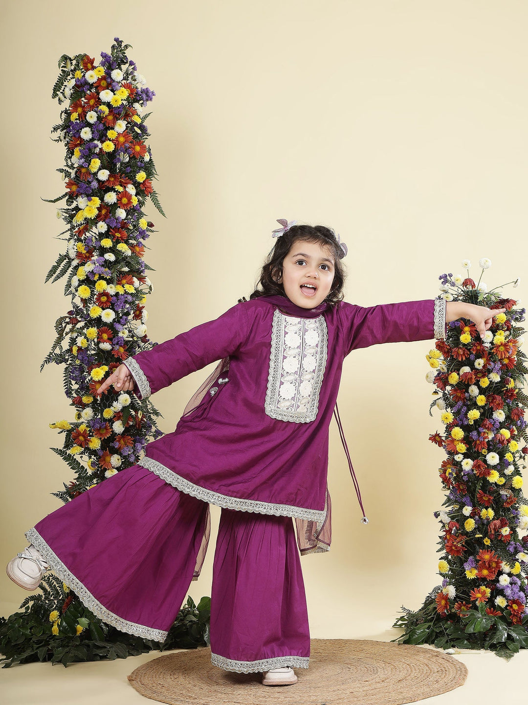 Purple Floral Embroidered Semi-Silk Kurta with Cotton Sharara and Dupatta Set | SHOBITAM