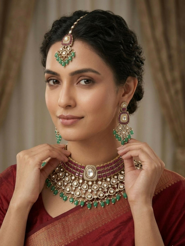 Royal Kundan & Emerald Bridal Choker Set with Maangtikka | SHOBITAM