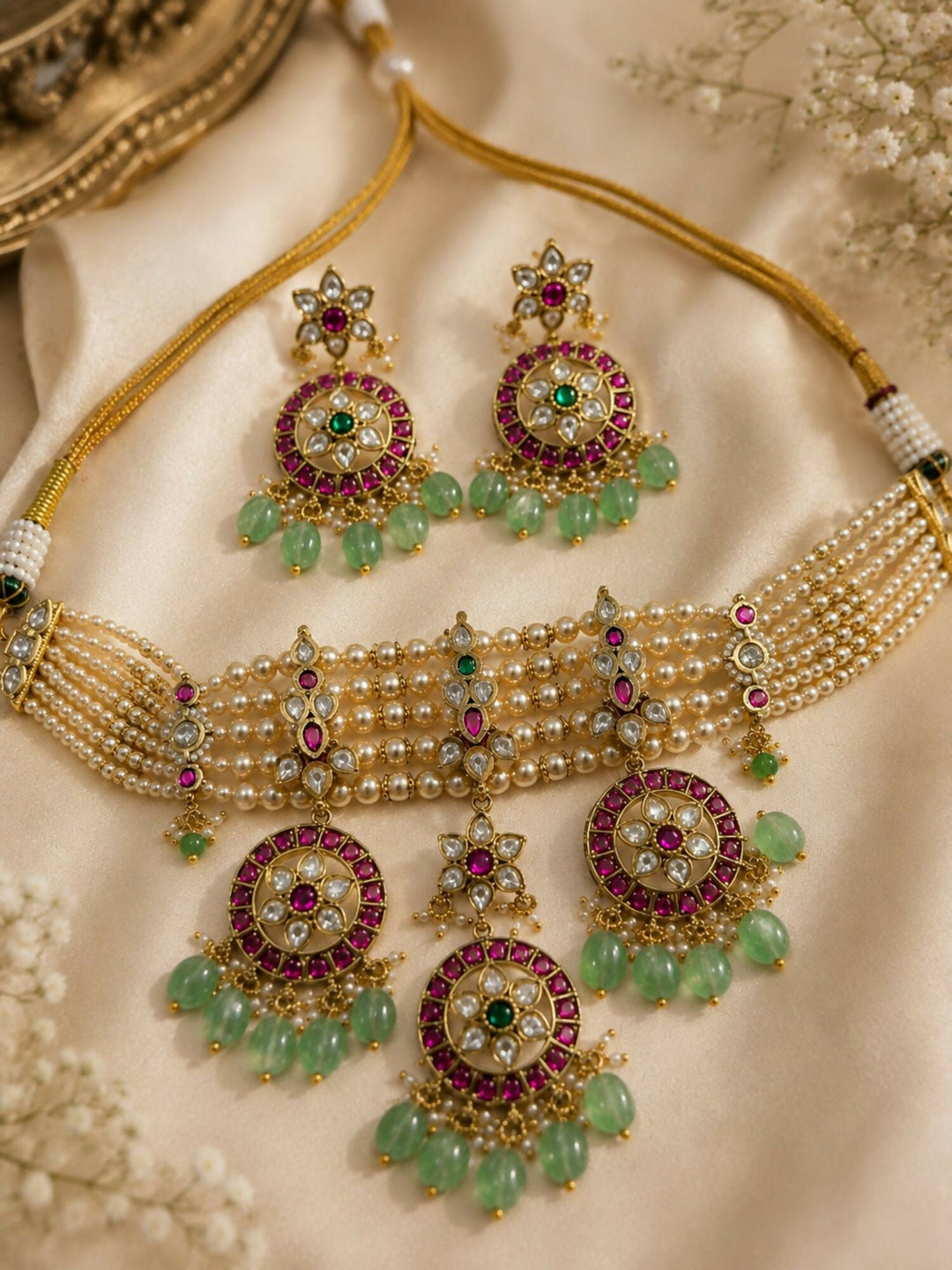 Pearl Kundan Choker Set with Ruby & Emerald Drops | Shobitam