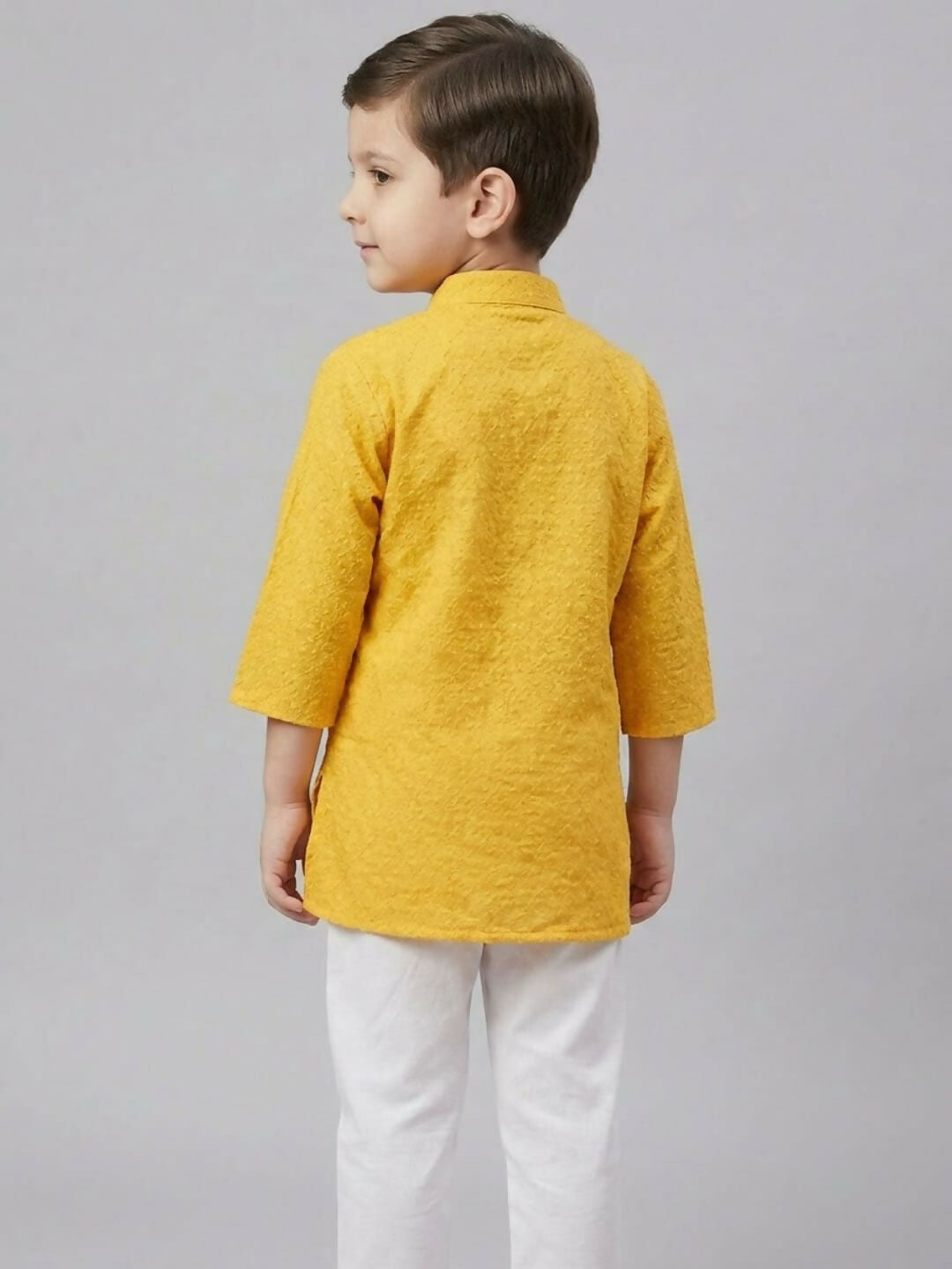 Boys Yellow Textured Kurta Pajama Set | Ethnic Wear for Kids | SHOBITAM