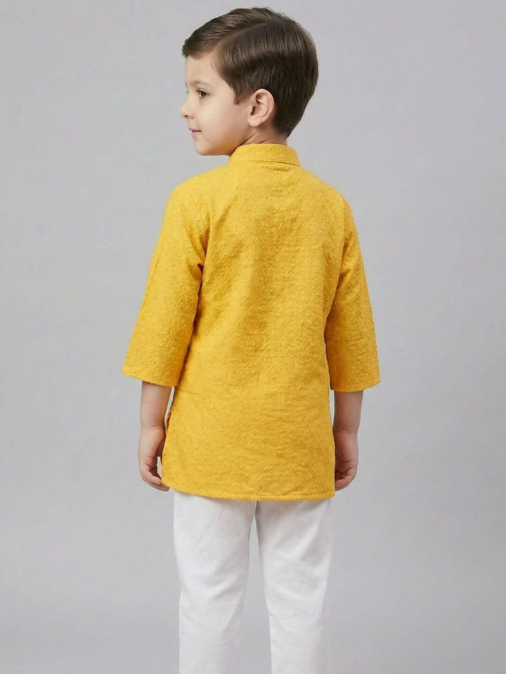 Boys Yellow Textured Kurta Pajama Set | Ethnic Wear for Kids | SHOBITAM