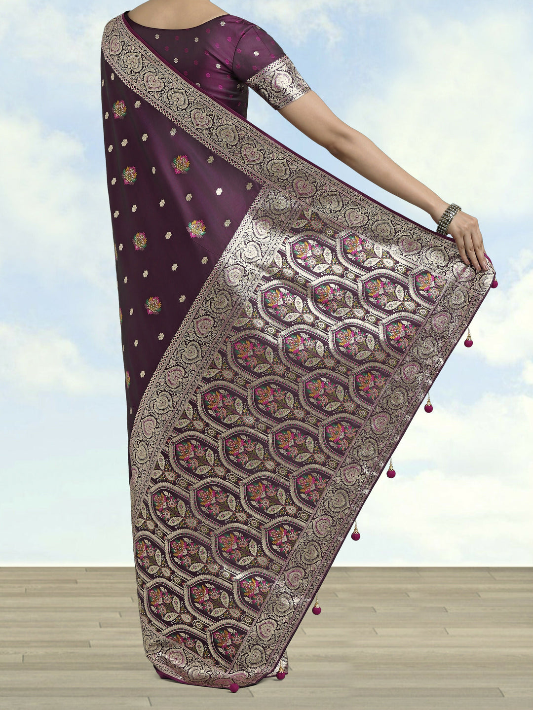 Wine Banarasi Zari Woven Satin Silk Saree | SHOBITAM