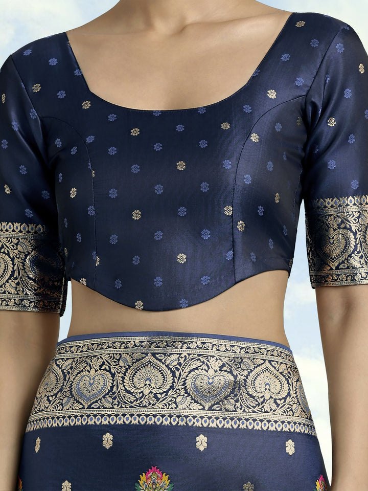 Navy blue Banarasi Zari Woven Satin Silk Saree | SHOBITAM