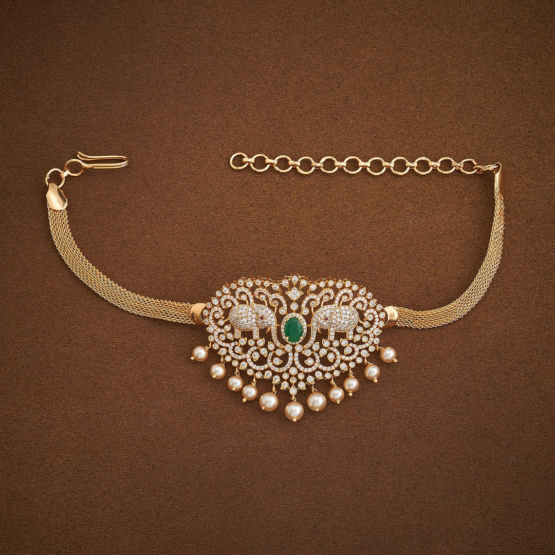 Twin Elephant Cz Stone  Bajuband with Dangling Beads and Adjustable Chain, Single piece
