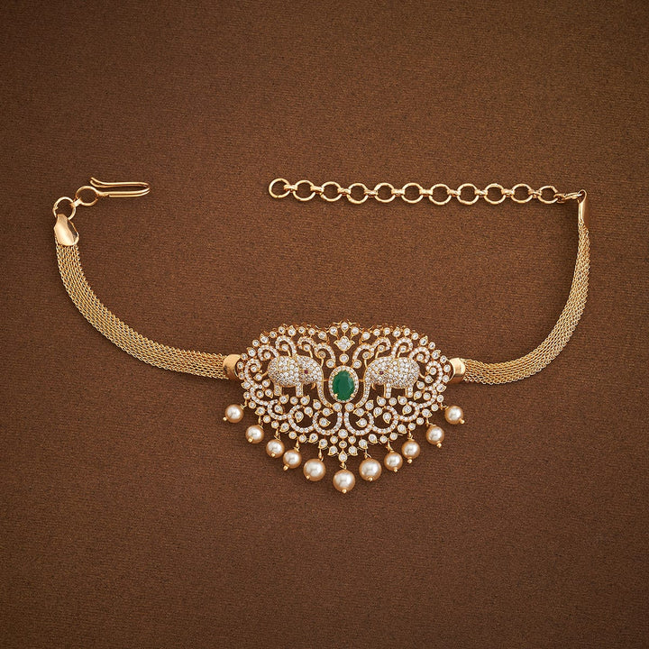 Twin Elephant Cz Stone  Bajuband with Dangling Beads and Adjustable Chain, Single piece