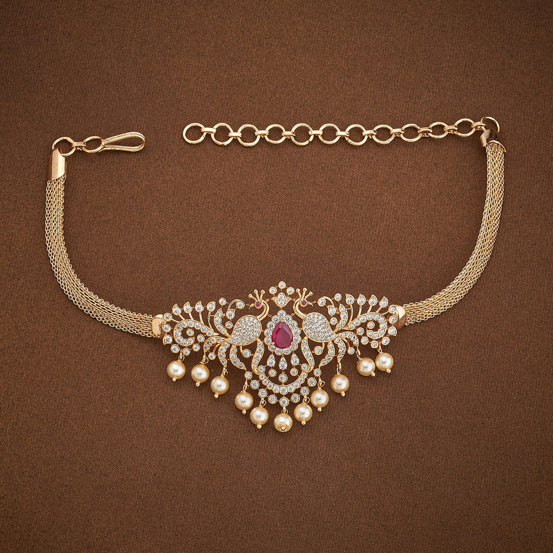 Twin Peacock Cz Stone  Bajuband with Dangling Beads and Adjustable Chain, Single piece