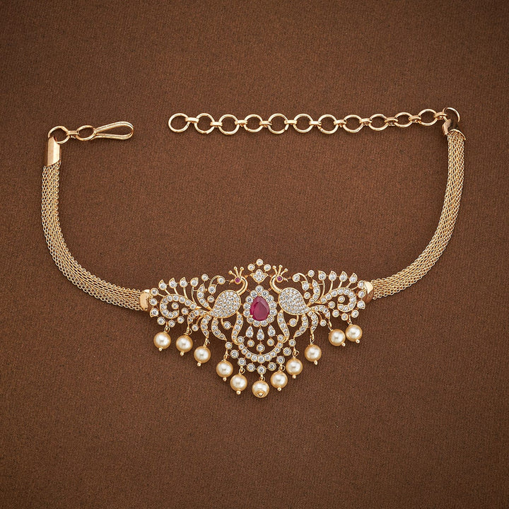Twin Peacock Cz Stone  Bajuband with Dangling Beads and Adjustable Chain, Single piece