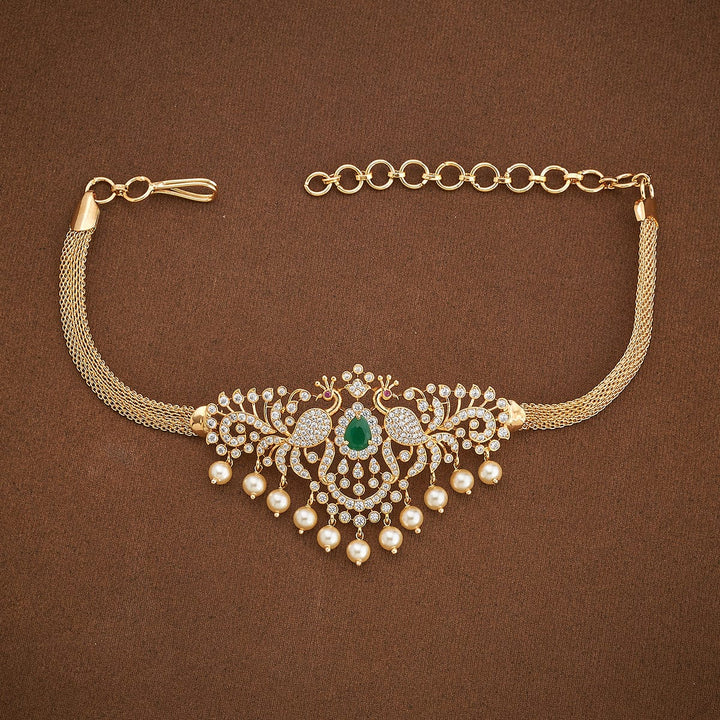 Twin Peacock Cz Stone  Bajuband with Dangling Beads and Adjustable Chain, Single piece