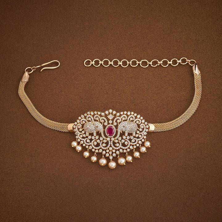 Twin Elephant Cz Stone  Bajuband with Dangling Beads and Adjustable Chain, Single piece
