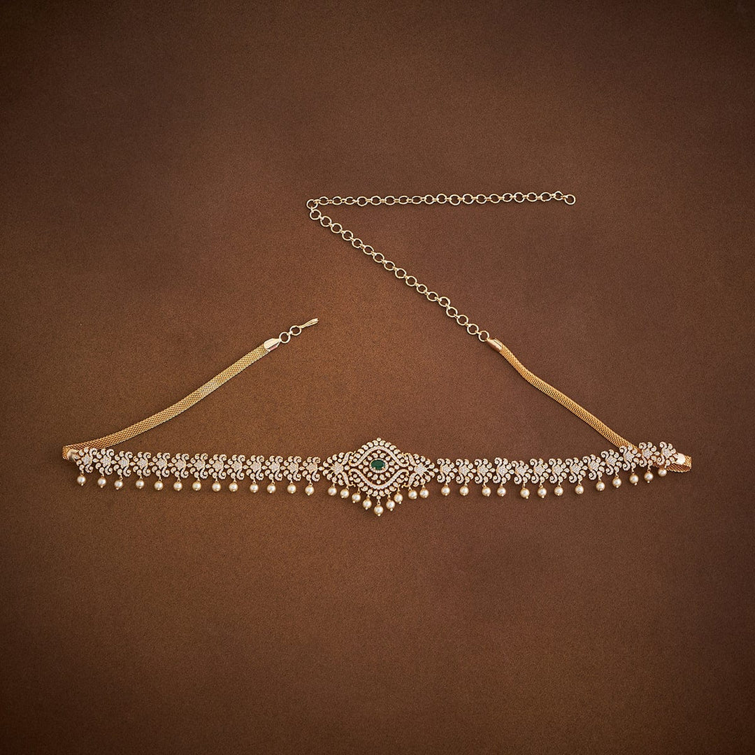 Zircon Stone Waist Belt with Dangling Pearls and Green Stone