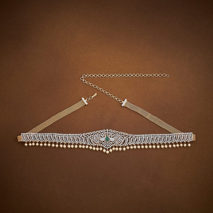 Twin Peacock Zircon Waist Belt and Pearls Detailing and Green Stone