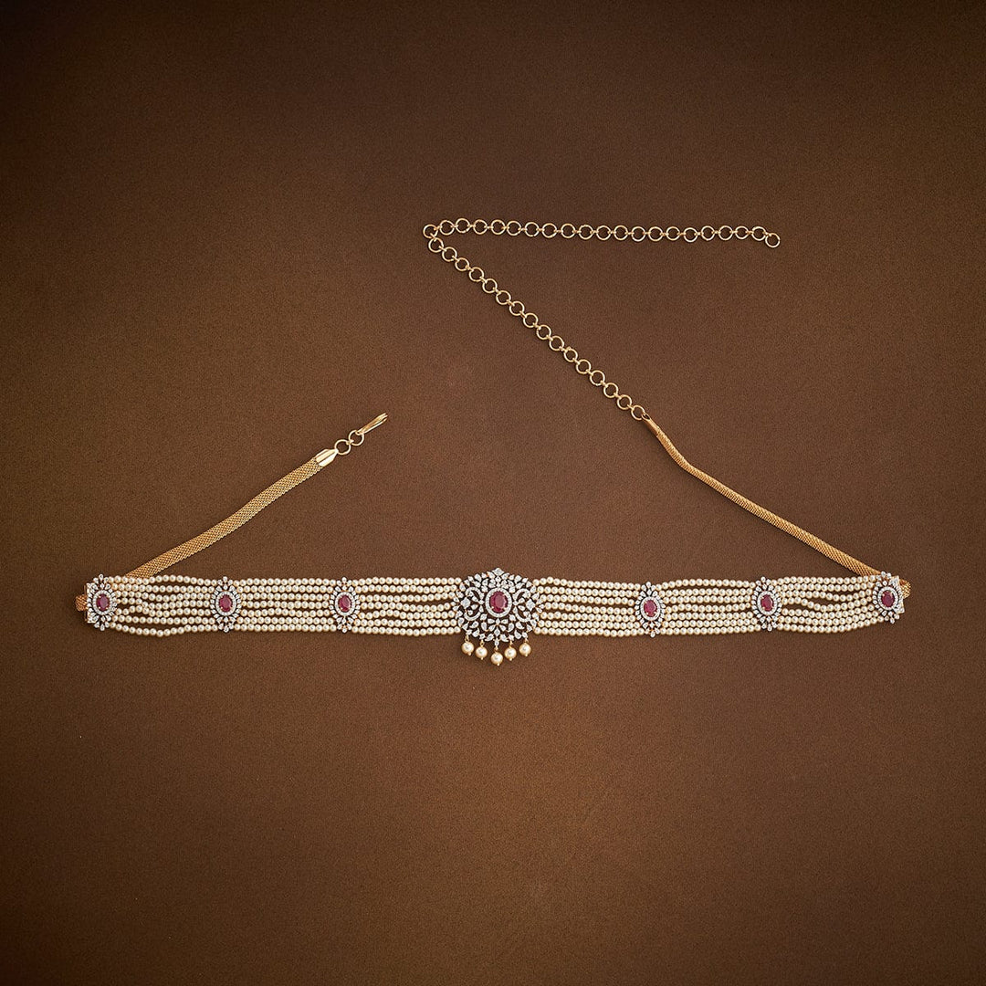 White Multistrand Pearls with Zircon Waist Belt and Green Stone Details